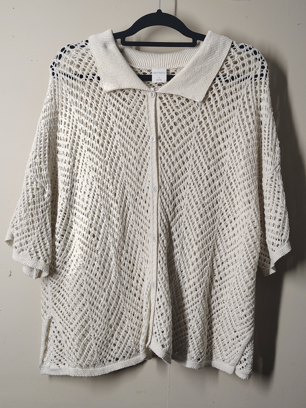 wild fable Cream Open-Weave Button Front Cardigan with Collar And Split Sleeves